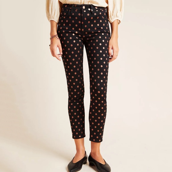 NWT Anthropologie Metallic Polka Dot High Rise Jeans Size 2 Black Gold